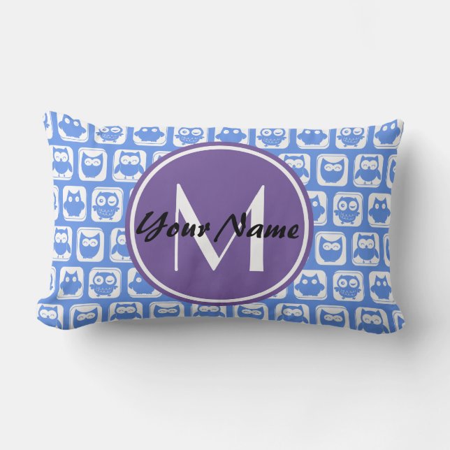 Coussin Rectangle Monogramme personnalisé Chouettes bleues (Recto)