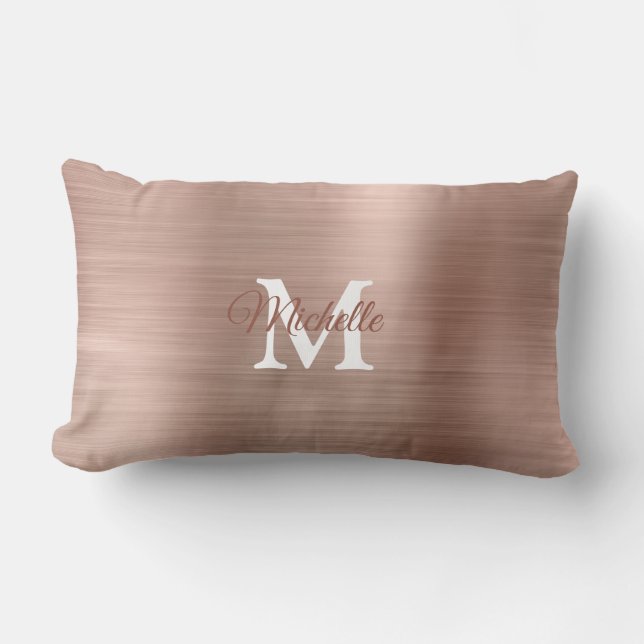 Coussin Rectangle Monogramme personnalisé en métal brossé rose or (Recto)