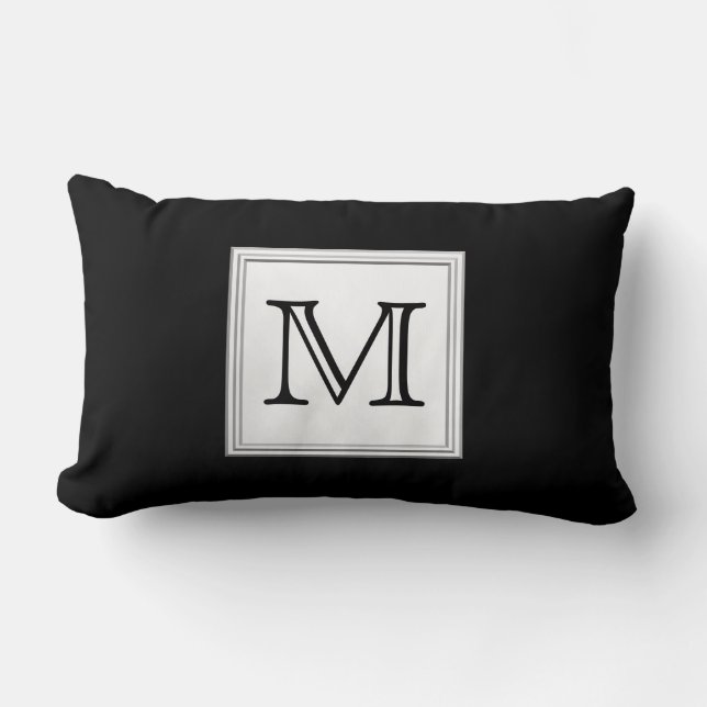 Coussin Rectangle Monogramme personnalisé imprimé. Noir et gris pâle (Recto)