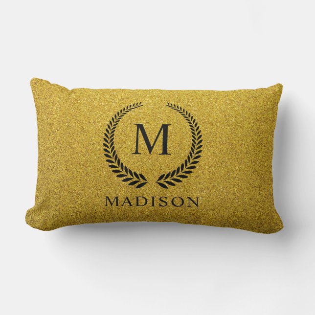 Coussin Rectangle Monogramme personnalisé noir et or pailleté or per (Recto)