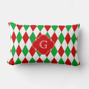 Coussin Rectangle Monogramme Quatrefeuilles de Noël en Harlequin Rou