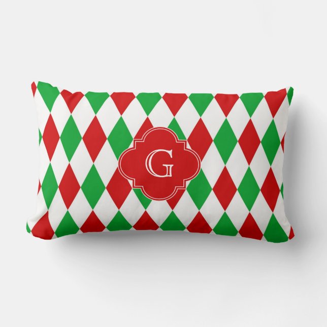 Coussin Rectangle Monogramme Quatrefeuilles de Noël en Harlequin Rou (Recto)