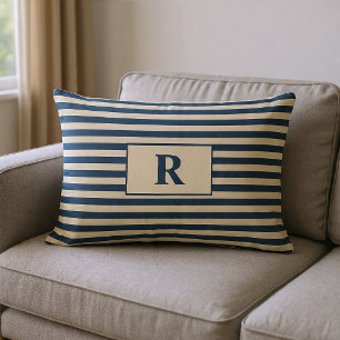 Coussin Rectangle Monogrammé rayures bleu/vanille