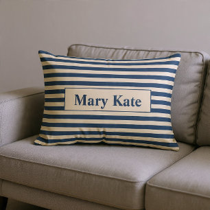 Coussin Rectangle Monogrammé rayures bleu/vanille