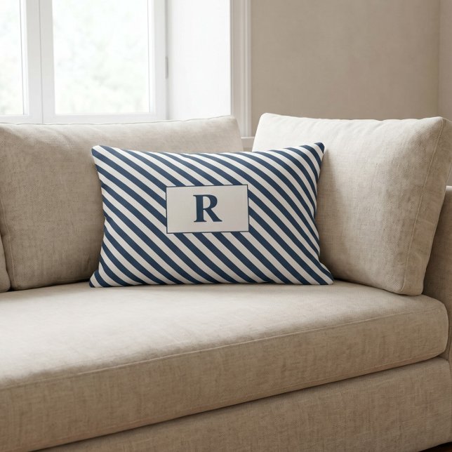 Coussin Rectangle Monogrammé rayures bleues et blanches (Créateur téléchargé)
