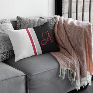 Coussin Rectangle Monogramme rouge magenta gris noir rayé
