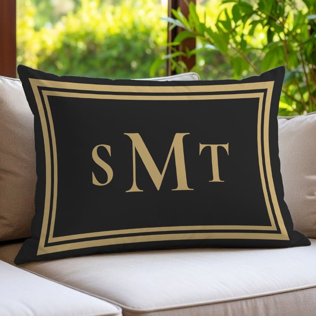 Coussin Rectangle Monogramme trois lettres noir et or (Créateur téléchargé)