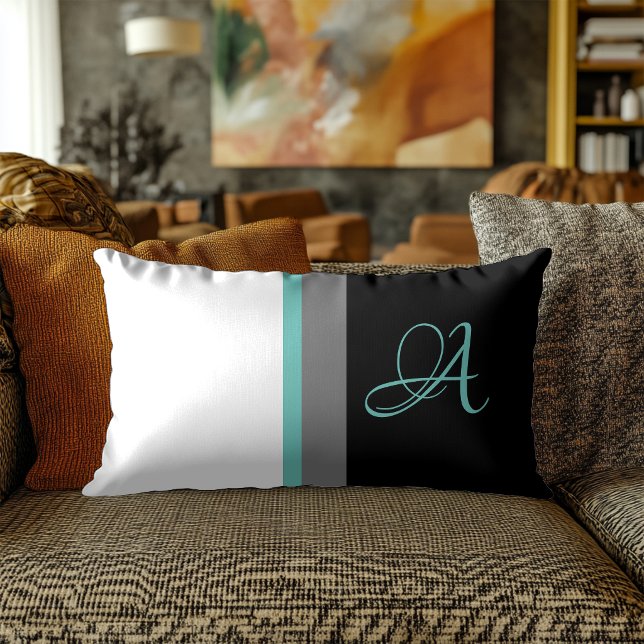 Coussin Rectangle Monogramme Turquoise Gris Noir rayé (Créateur téléchargé)