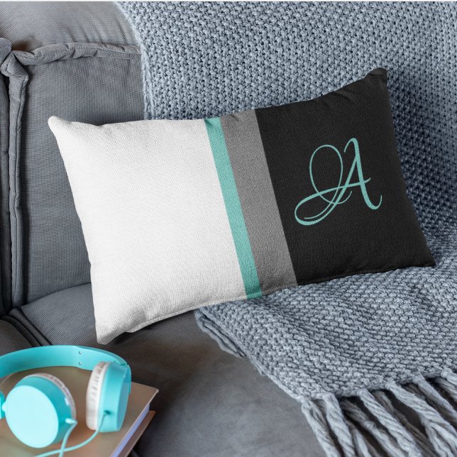 Coussin Rectangle Monogramme Turquoise Gris Noir rayé (Créateur téléchargé)