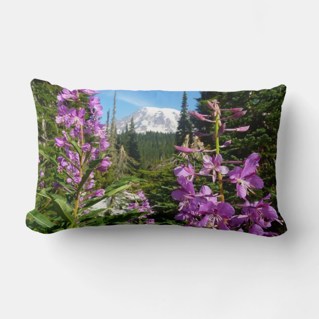Coussin Rectangle Mont Rainier entre les fleurs de phlox violettes (Recto)