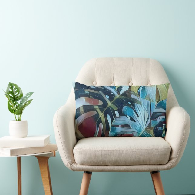 Coussin Rectangle Moody Blue Monstera Feuille thème botanique (Chaise)