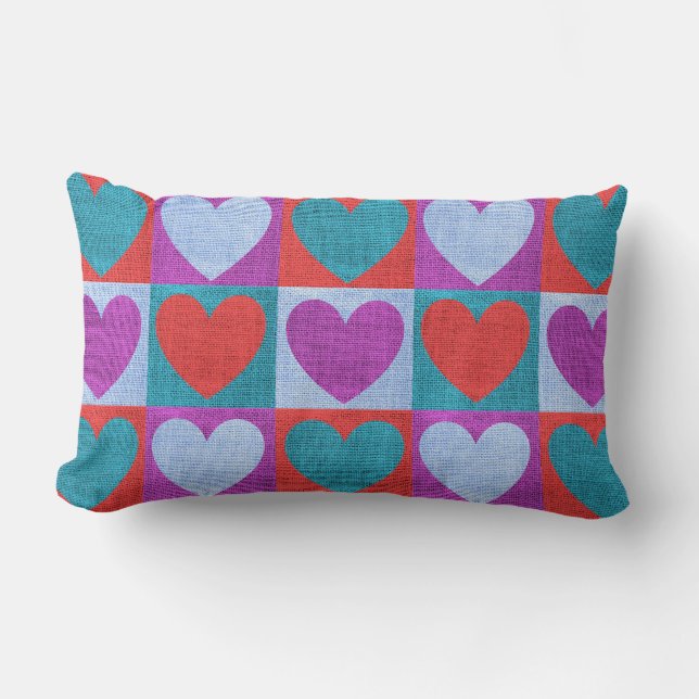 Coussin Rectangle Motif à coeur à carreaux violet, vert et rouge (Recto)