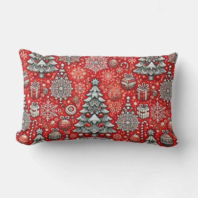 Coussin Rectangle Motif à thème de Noël avec des arbres, des flocons (Recto)