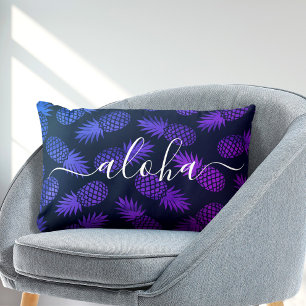 Coussin Rectangle Motif Aloha écriture dégradé bleu violet Ananas