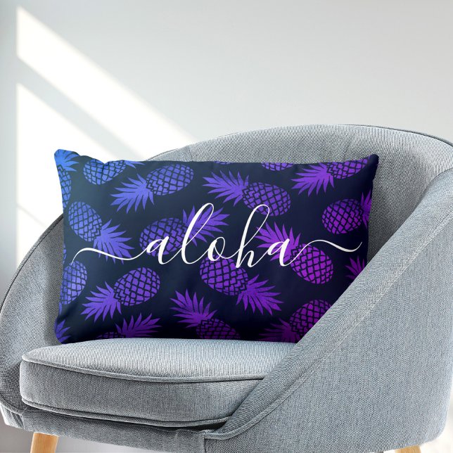 Coussin Rectangle Motif Aloha écriture dégradé bleu violet Ananas (Choose from 7 different colors!)
