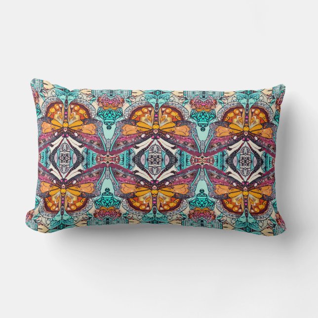 Coussin Rectangle Motif Batik des papillons et Médaillons à Orange (Recto)