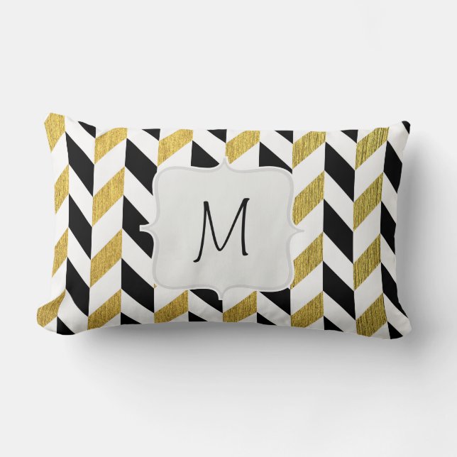 Coussin Rectangle Motif blanc, noir et d'or de Chevron (Recto)