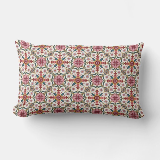 Coussin Rectangle Motif bohème floral en rouge, rose et sarcelle (Recto)