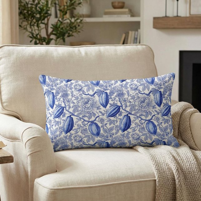 Coussin Rectangle Motif botanique chic en toile bleue unique Cocoa (Créateur téléchargé)