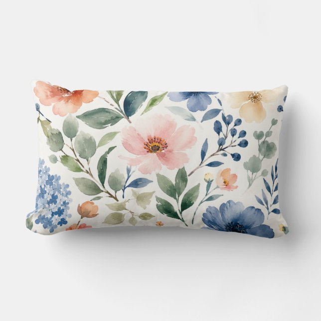 Coussin Rectangle Motif botanique moderne de fleurs sauvages à l'aqu (Recto)