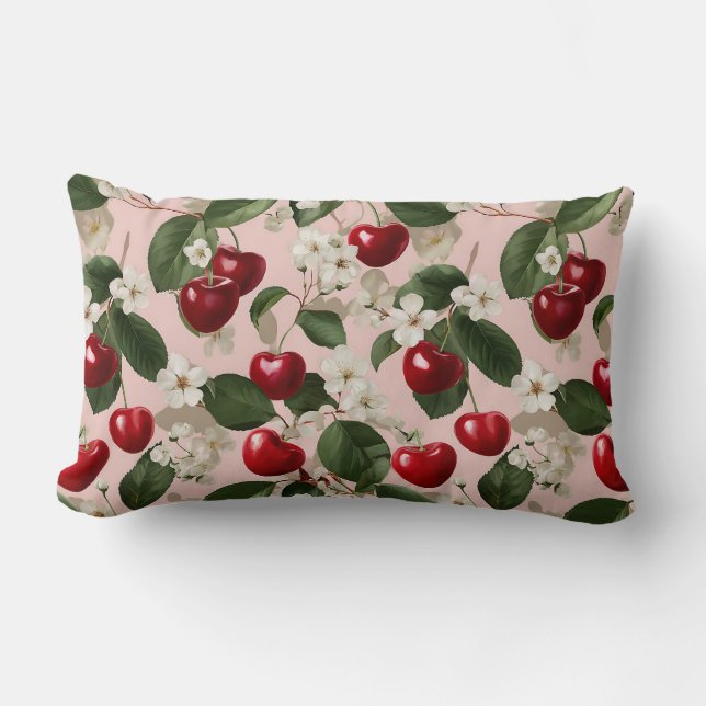 Coussin Rectangle Motif botanique rose rouge de cerisier fleuri vint (Recto)