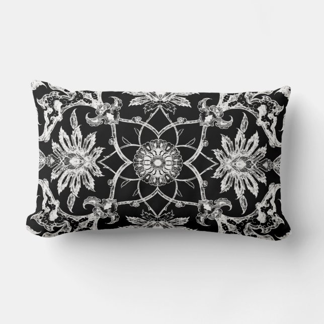 Coussin Rectangle Motif chinois Art Nouveau - Blanc sur Noir (Recto)