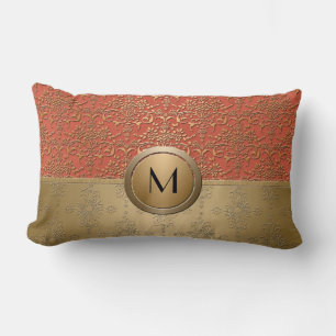 Coussin Rectangle Motif damassé à monogramme corail et or