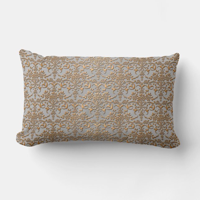 Coussin Rectangle Motif damassé fantaisie or et gris (Recto)