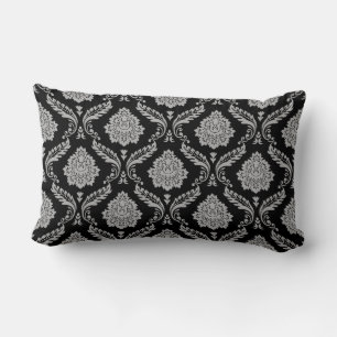 Coussin Rectangle Motif Damassé Rococo Gris sur Fond Noir