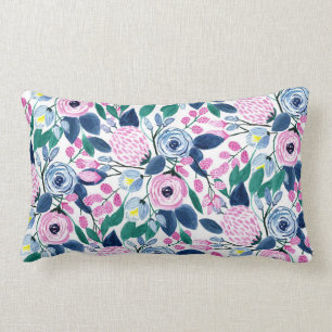Coussin Rectangle Motif d'aquarelle Sweet Rose Navy Flowers