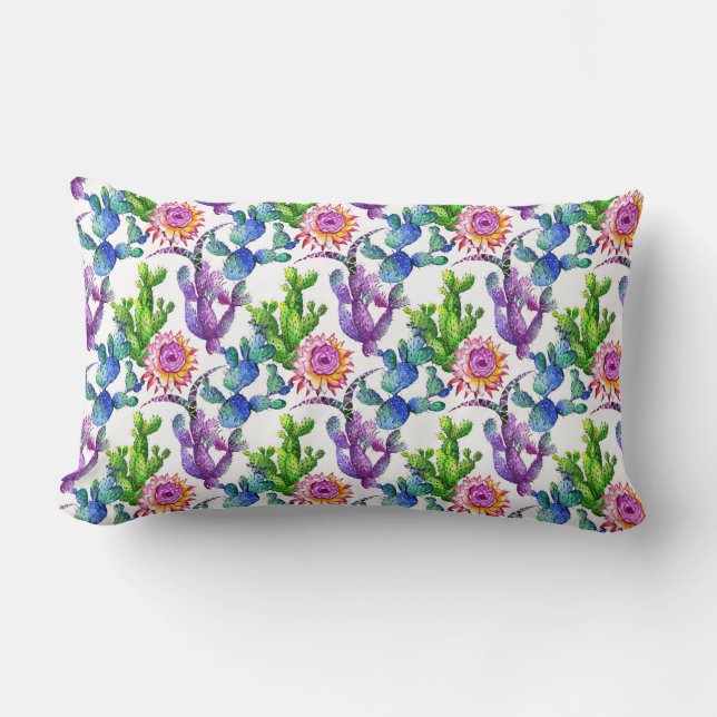 Coussin Rectangle Motif de cactus de fleur sauvage d'aquarelle (Recto)