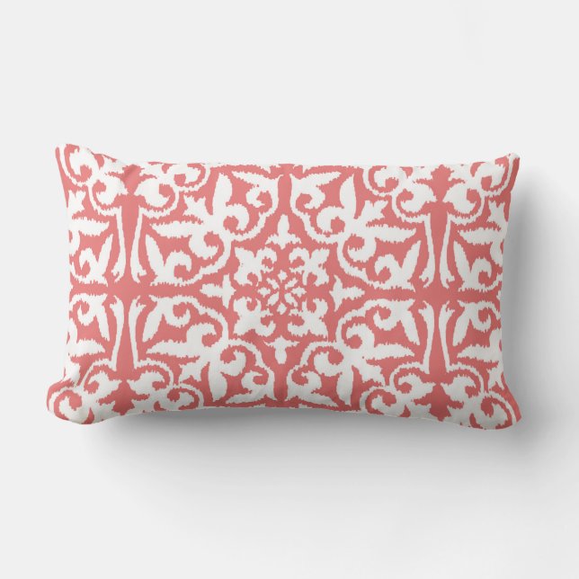 Coussin Rectangle Motif de damassé d'Ikat - rose de corail et blanc (Recto)