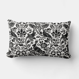 Coussin Rectangle Motif de faisan et lièvre, blanc et noir