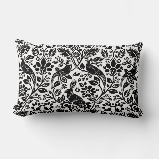 Coussin Rectangle Motif de faisan et lièvre, blanc et noir (Recto)