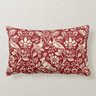 Coussin Rectangle Motif de faisan et lièvre, rouge profond et crèm