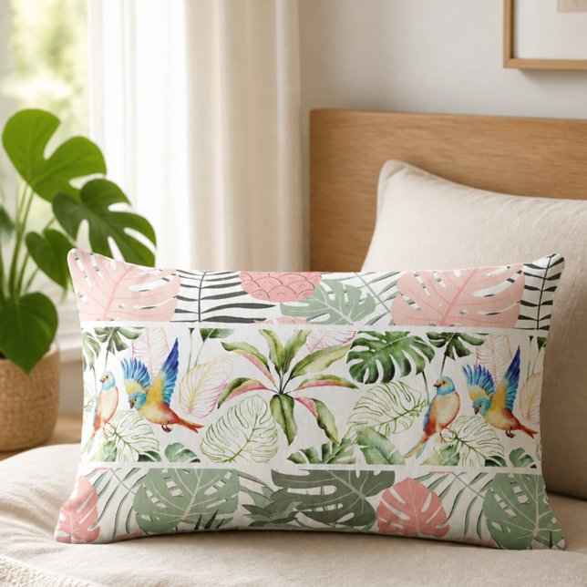 Coussin Rectangle Motif de feuille et d'oiseau tropical (Créateur téléchargé)