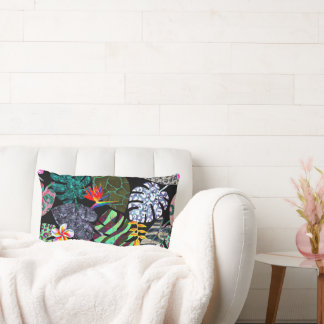 Coussin Rectangle Motif de feuilles et de fleurs tropicales vibrante