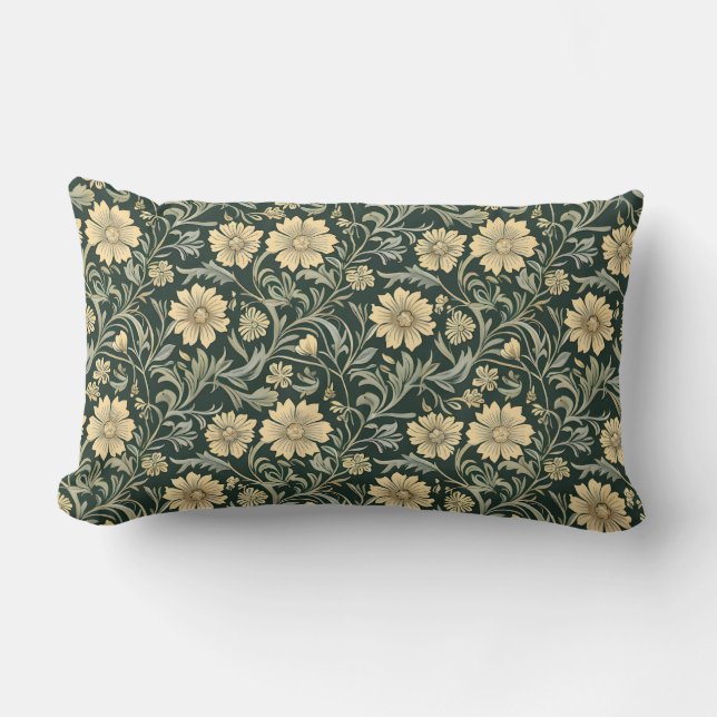 Coussin Rectangle Motif de fleurs jaunes stylisées vert foncé (Recto)