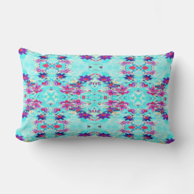 Coussin Rectangle Motif de fleurs violettes girly mignon sur bleu aq (Recto)
