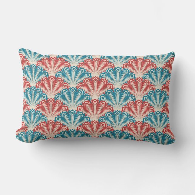Coussin Rectangle Motif de la queue de paon rouge et bleu (Recto)