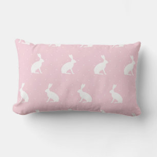 Coussin Rectangle Motif de lapins assis blancs. Rose pâle