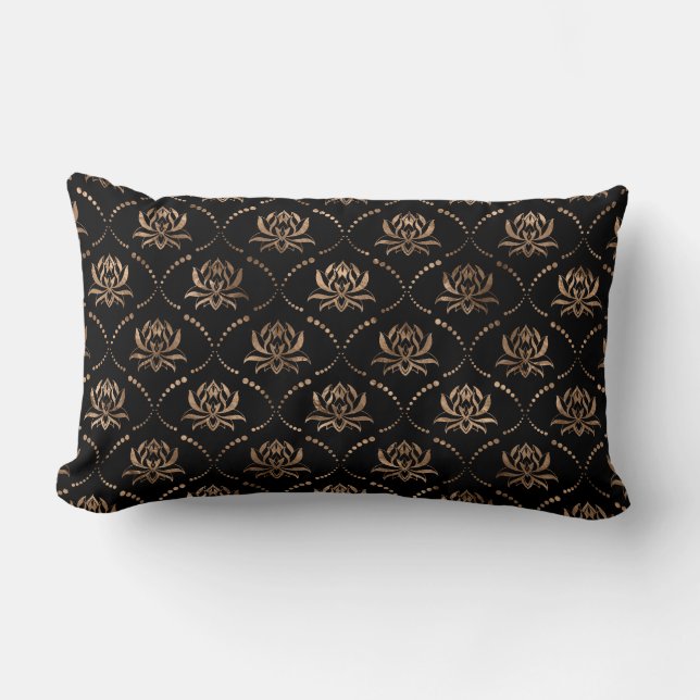 Coussin Rectangle Motif de luxe Lotus Flower - noir et or (Recto)