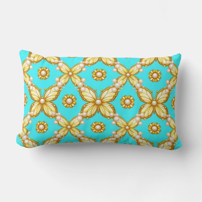 Coussin Rectangle Motif de papillon doré luxueux avec accent de perl (Recto)