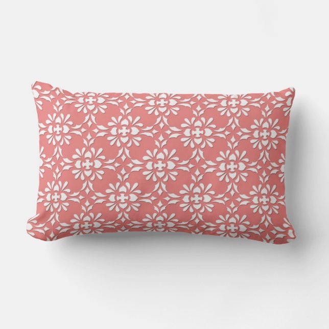 Coussin Rectangle Motif de style damassé corail et blanc (Recto)