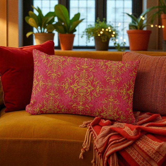 Coussin Rectangle Motif de style damassé fantaisie rose profond et o (Créateur téléchargé)
