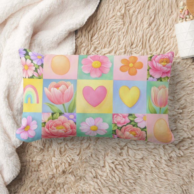 Coussin Rectangle Motif élégant de fleurs abstraites à carreaux  (Couverture)