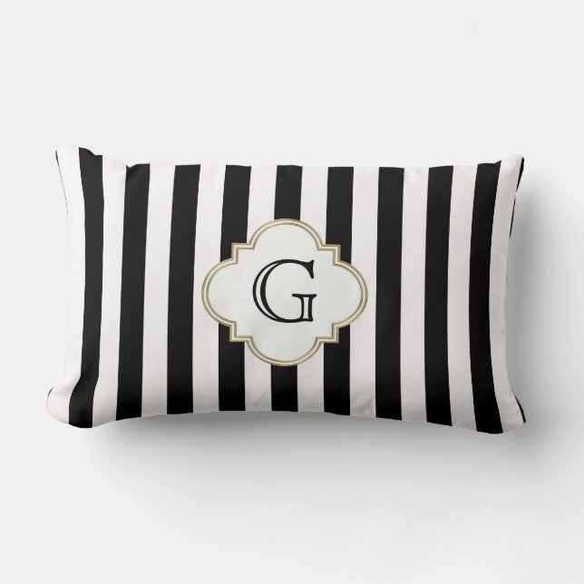 Coussin Rectangle Motif en bande noire et blanche avec Monogramme bl (Recto)