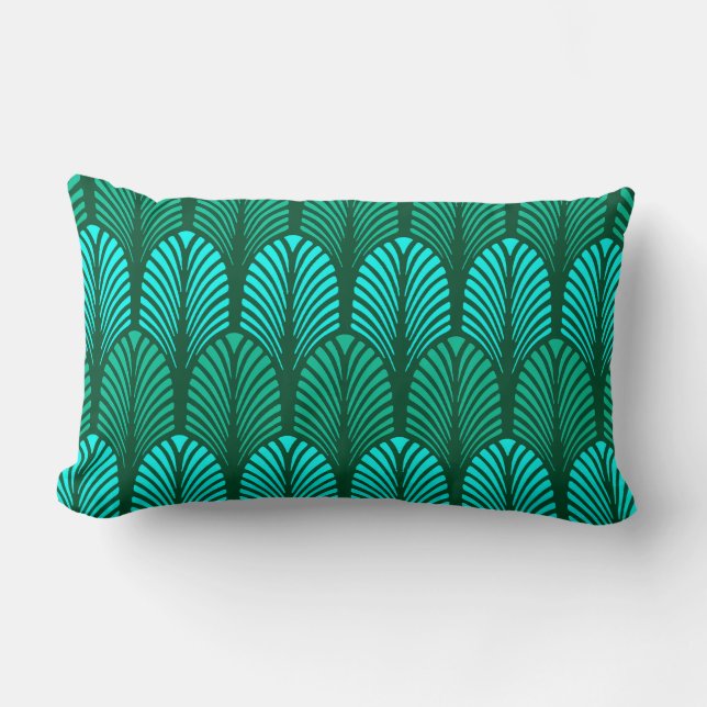 Coussin Rectangle Motif en plumes Art déco, turquoise et aqua (Recto)