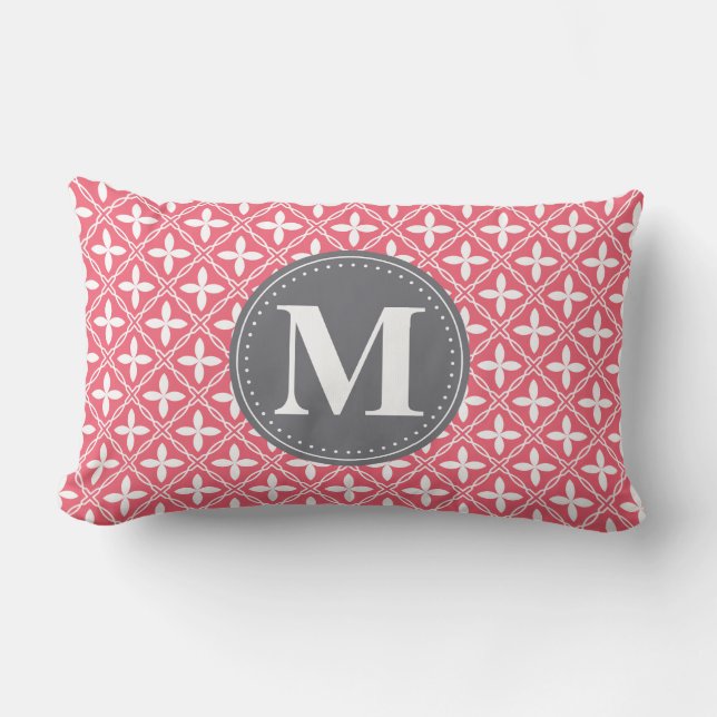 Coussin Rectangle Motif en treillis fleuri rose monogramme (Recto)