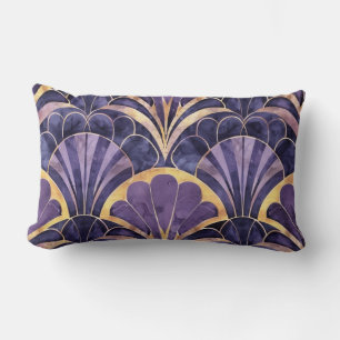Coussin Rectangle Motif éventail Art déco violet, marine et or Éléga